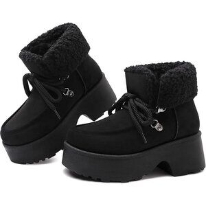Women's Black Platform Lace Up Snow Boots with Zipper & Chunky Heels